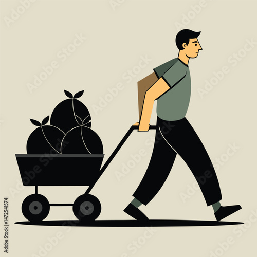 Man pulling cart full of trash bags minimalistic illustration.