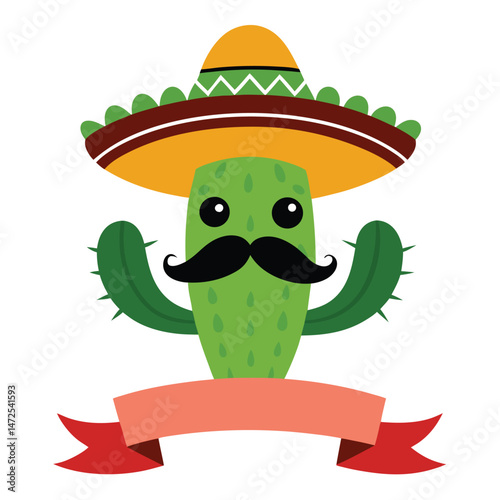 Cute cartoon cactus with sombrero and moustache celebrating mexico.