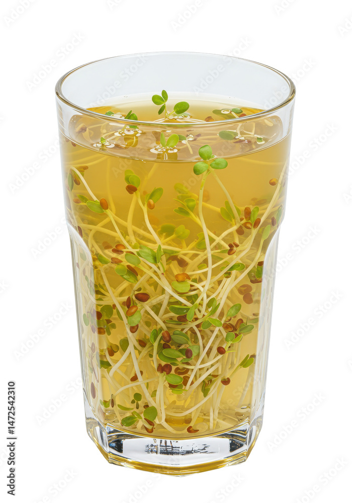 Refreshing drink with sprouted seeds floating in it, in a tall transparent glass cup Refreshing drink with sprouted seeds floating in it, in a tall transparent glass cup