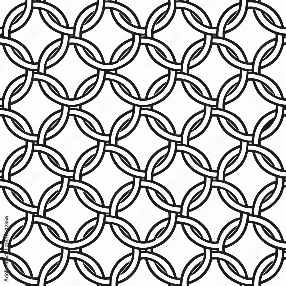 Interlocking rings seamless pattern black and white vector illustration.