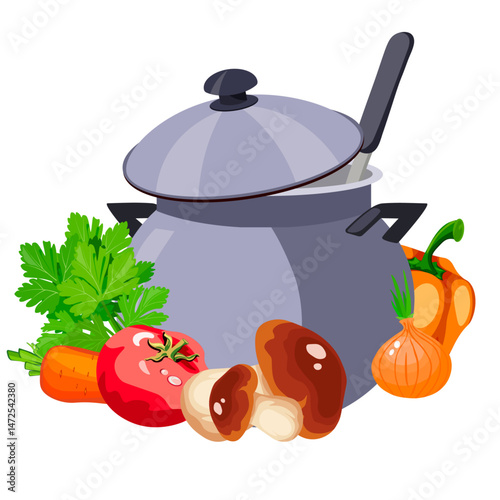 gray saucepan for food with vegetables and mushrooms