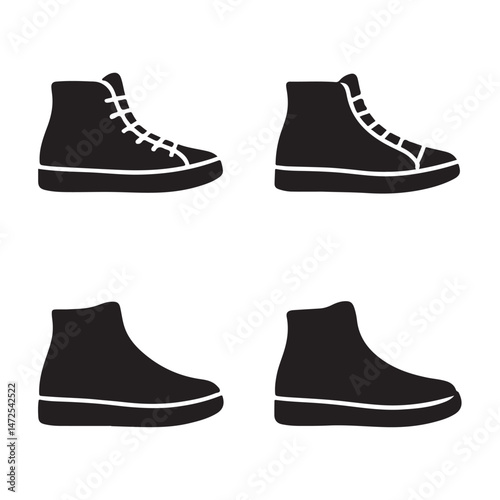 High Neck Shoe Icon Set Silhouette — Vector AI EPS, PNG Transparent, and JPEG Clipart on White Background


