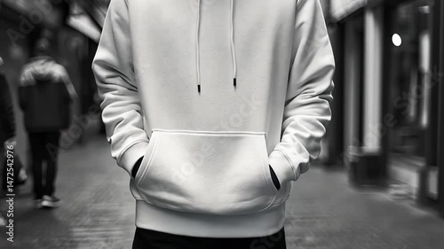 Monochrome man with white hoodie standing in the middle of a crowded city street