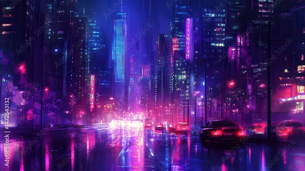 Neon Cityscape at Night with Rain and Colorful Lights Neon Cityscape at Night with Rain and Colorful Lights