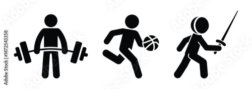 stickman athlete icon set, man fencer, weightlifter and basketball player stick figure, human silhouettes