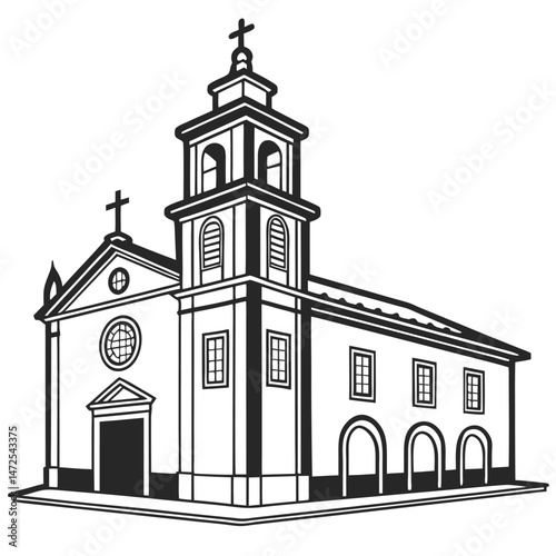 Black and white outline vector illustration of a church building.