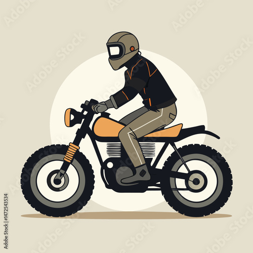 Man riding classic motorcycle vector illustration with helmet and stylish jacket design.