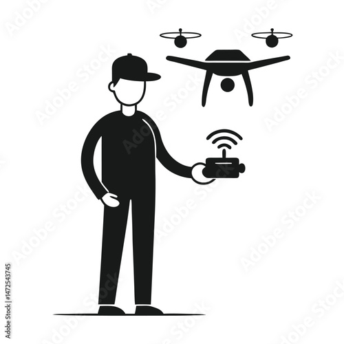 Man controlling drone using remote monochrome illustration for technology purposes.