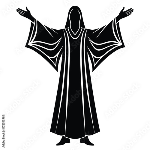 Silhouette of cloaked figure with open arms in a welcoming gesture design.