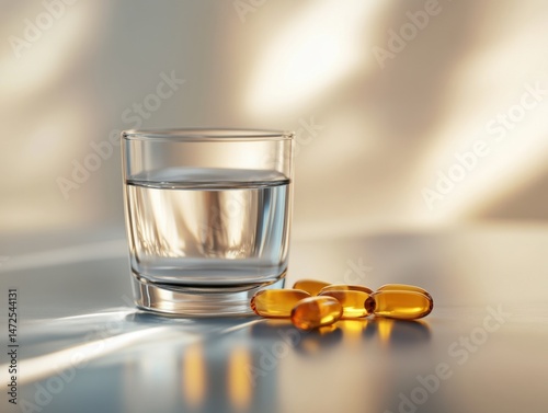 Fish oil capsules with a glass of water, highlighting health and wellness products for daily dietary supplements.