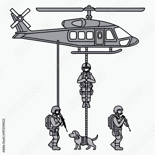 Military operation with helicopter soldiers and dog airborne deployment vector illustration.