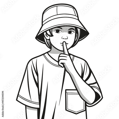 Monochrome graphic of a boy with finger on lips shushing for silence