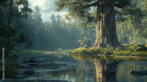 Majestic ancient tree by a tranquil forest stream.