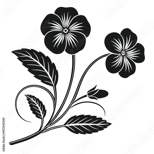 Elegant monochrome floral design with pansy flowers and leaves vector illustration.
