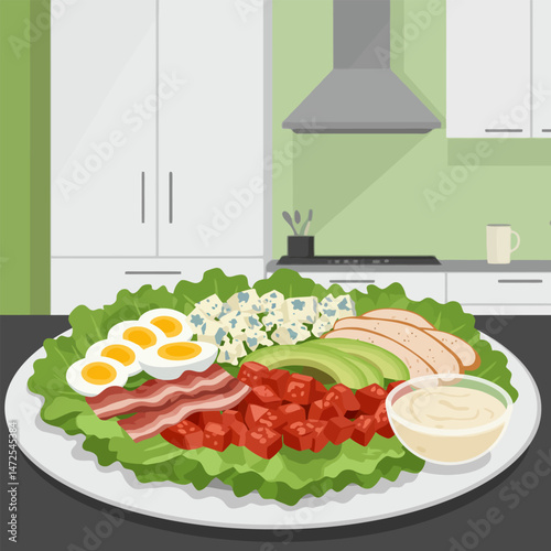 Preparing Nutritious Cobb Salad in Kitchen with Various Fresh Ingredients