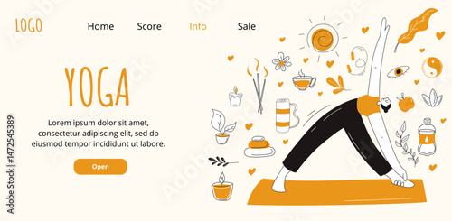 Yoga landing page design with hand drawn illustrations. Wellness, meditation, and healthy lifestyle theme with modern flat style and natural color palette.