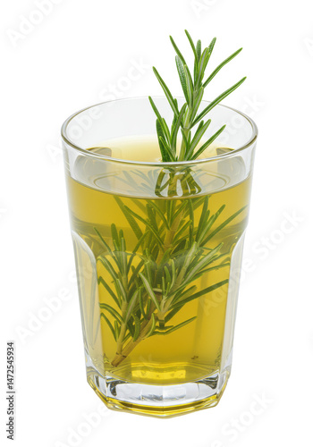 Refreshing drink A glass of liquid adorned with aromatic rosemary sprigs inside