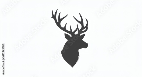 AI image simple black silhouette of a majestic deer or stag head with large antlers, isolated on a white background.