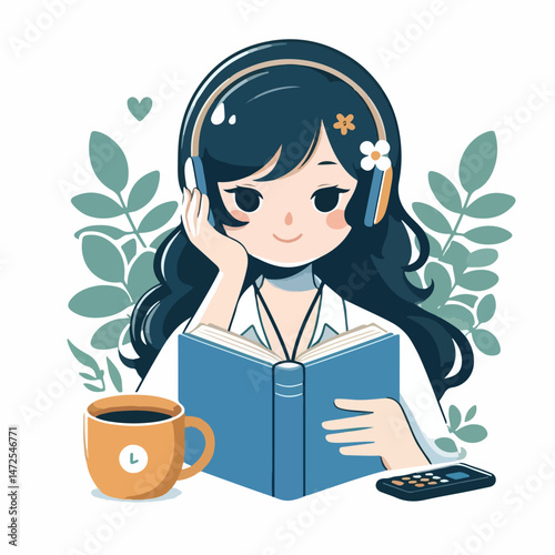 woman reading a book while listening to music
