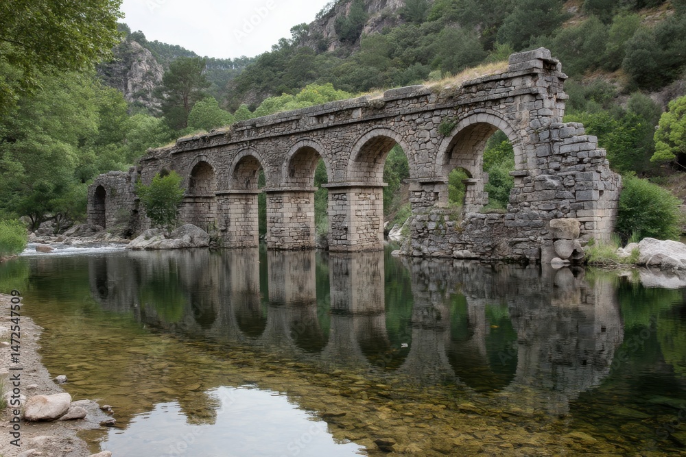Fototapeta premium Ancient stone aqueduct in a rural setting, marvel