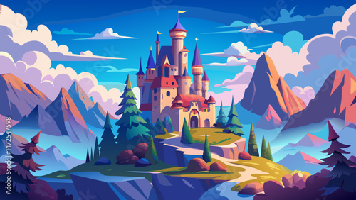 Majestic fantasy castle on a mountain, surrounded by trees and clouds, creating a dreamy, serene landscape under clear blue skies. Very beautiful
