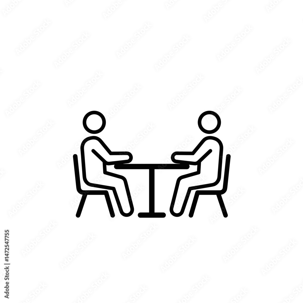 Two people discussing at a table in a minimalistic style Two people discussing at a table in a minimalistic style