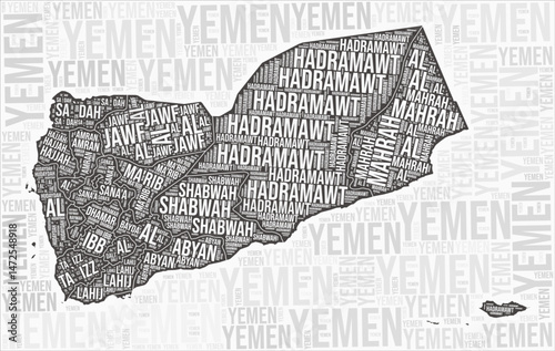 Yemen regions map word cloud. Yemen region names. Black and white map design. Stylish vector illustration.
