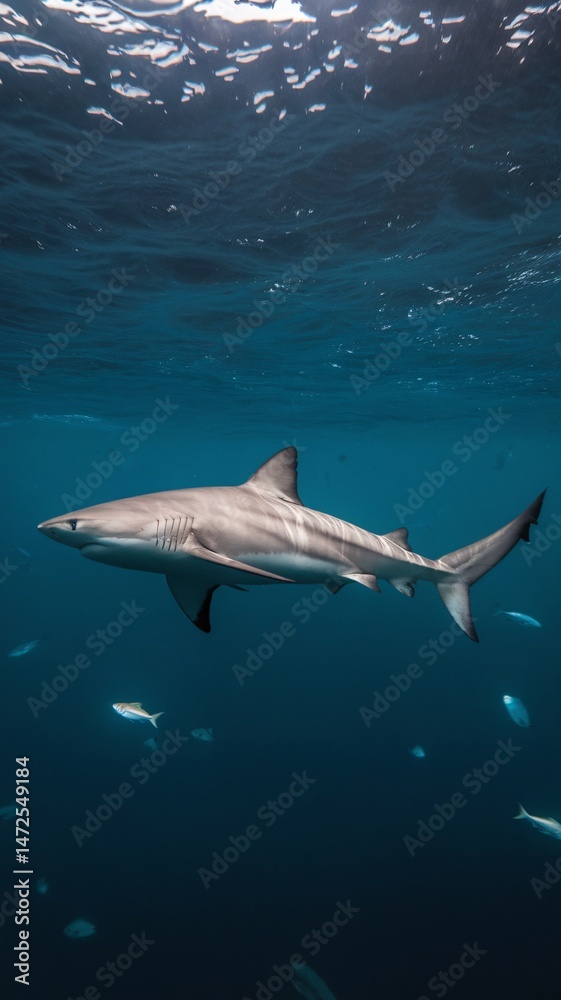 Fototapeta premium A majestic shark swims gracefully through clear blue waters, showcasing its sleek body and fins.