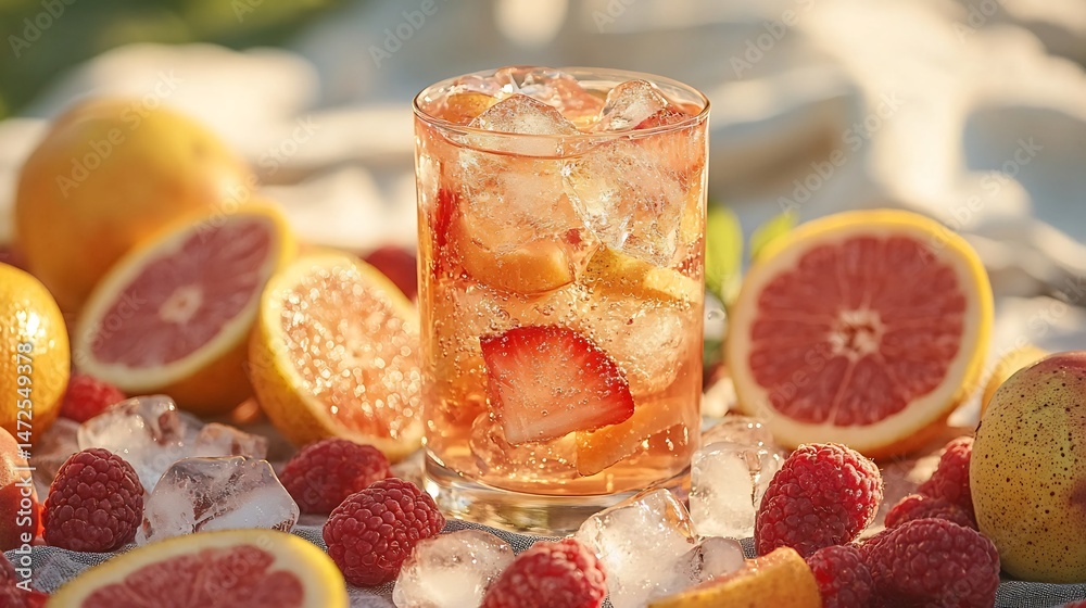 Agua fresca surrounded fresh fruits ice cubes a relaxed outdoor picnic wide angle shot capturing the casual summer vibe bright diffused light illuminating the refreshing drink and summery atmosphere Agua fresca surrounded fresh fruits ice cubes a relaxed outdoor picnic wide angle shot capturing the casual summer vibe bright diffused light illuminating the refreshing drink and summery atmosphere