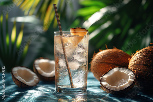 Glass of water with coconut and straw.