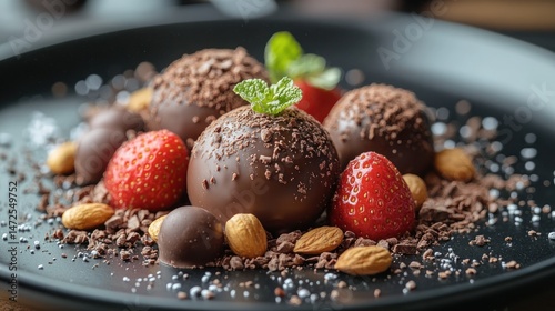 Chocolate dessert with strawberries, almonds on plate