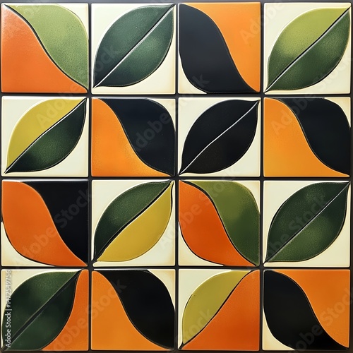 Geometric Ceramic Square Tiles: Vintage Abstract Design in Orange, Yellow, Green & Black for Artistic Wall Decor and Modern Interior Renovation