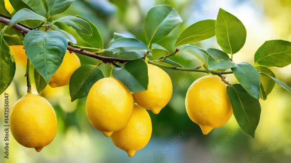Fresh yellow lemons grow on a vibrant green tree branch in natural daylight with blurred garden background.