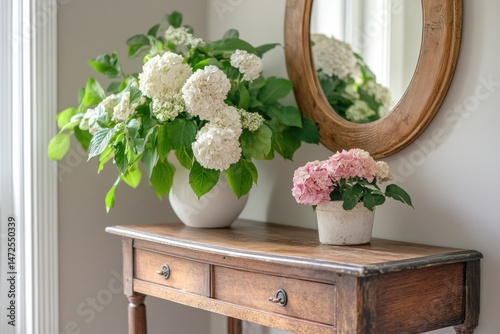 Rustic entryway decor with hydrangeas