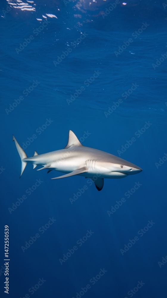 Fototapeta premium A sleek grey shark glides gracefully through clear blue waters, showcasing its powerful presence.