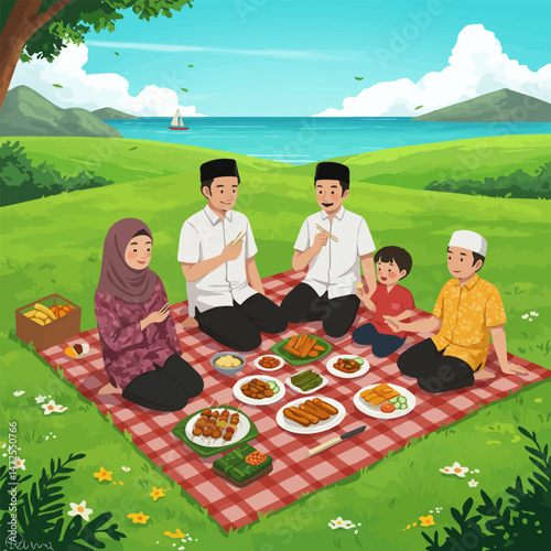 Family Enjoying Picnic with Indonesian Food on Blanket Outdoors