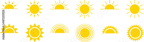Yellow sun icon set, sunshine and solar glow, sunrise or sunset. Decorative circle full and half sun and sunlight.