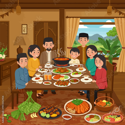 Family Having Festive Meal Together at Home with Various Dishes