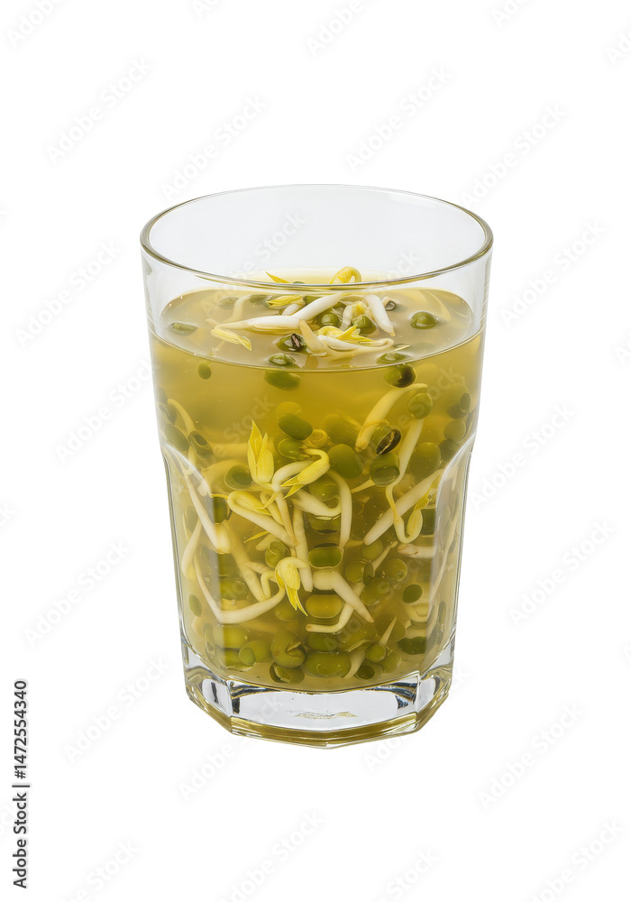 Refreshing glass of mung bean sprout juice, a vibrant blend of green and pale hues Refreshing glass of mung bean sprout juice, a vibrant blend of green and pale hues
