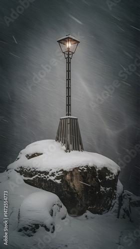 A solitary lantern glowing amidst a snowy, winter storm on top of a large boulder. The lantern stands tall, illuminating the falling snow.