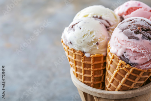 A detailed shot of multiple ice cream cones with different pastel-colored scoops, highlighting the textures and flavors of a tempting selection of frozen summer desserts.