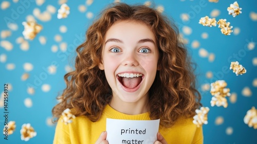 Excited girl holding printed matter