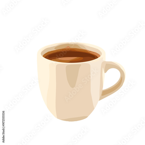 White coffee cup filled with coffee on white background with copy space