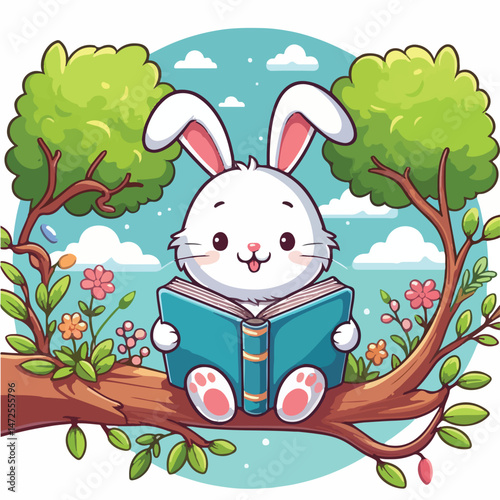 Cute Rabbit Reading Book On Branch Tree Cartoon Vector Icon Illustration