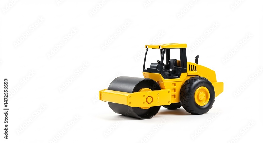 Yellow toy road roller smoothly rolling on white background. AI Generated Yellow toy road roller smoothly rolling on white background. AI Generated