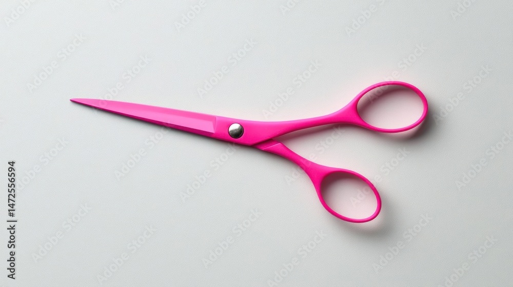 Pair of pink scissors lying on a plain white background. the scissors have a curved handle and a pointed tip, with a small silver button on the side.