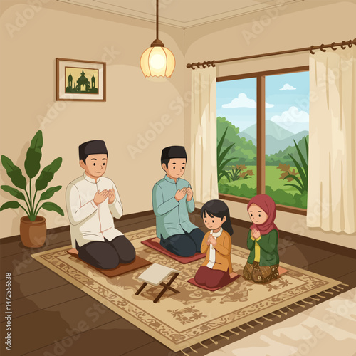 Family Praying Together Indoors Cartoon Illustration with Landscape View