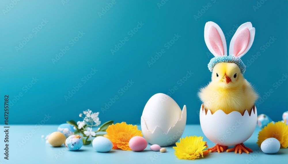 Obraz premium egg stand with flower in shell decorative chick with bunny ears and candy eggs on colorful white and blue background easter card copy space