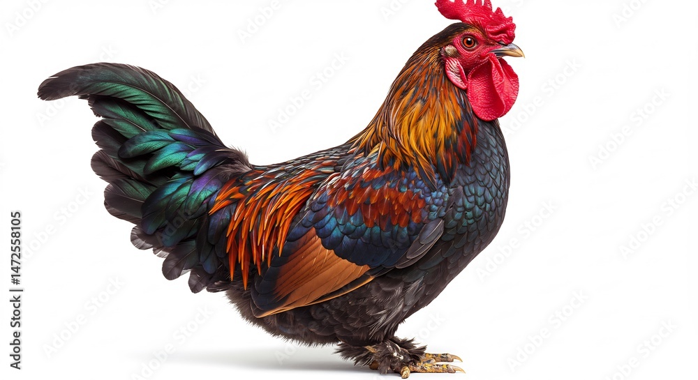 Fototapeta premium Vibrant rooster stands proudly against bright white background showcasing iridescent plumage. AI Generated