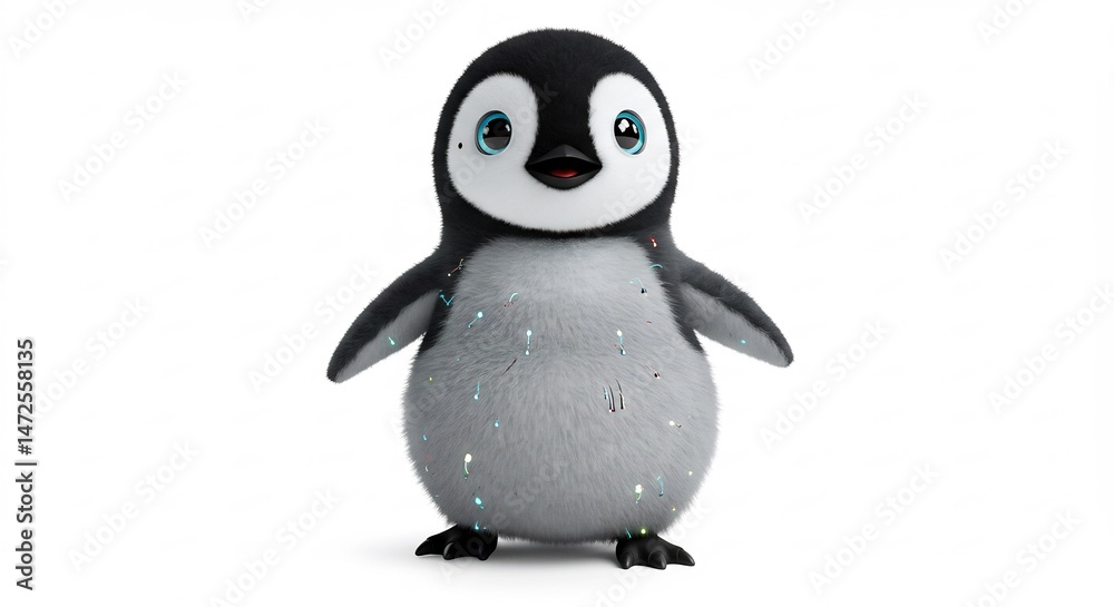 Obraz premium Adorable baby penguin stands subtly illuminated against pure white background. AI Generated